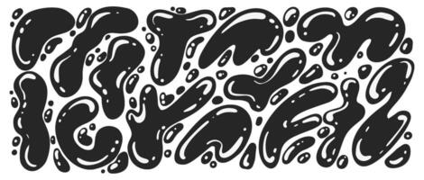 Abstract blob shapes. Organic liquid random wavy forms. Irregular fluid black spots and bubbles. Glossy elements. Trendy drops silhouettes. Modern Y2K swirl amoeba splotch. vector