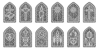 Glass church windows with mosaic. Religious catholic and christian frames with pattern. Medieval stained arches isolated on white background vector