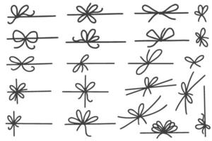 Ribbon bow for gift and present box. Simple hand drawn string with knot. Outline thin rope for package design. Minimal sketch elements for decoration on white background vector