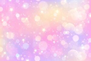 Pink unicorn background with stars and sparkles. Cute rainbow fantasy backdrop with bokeh and glitter. Dreamy sky with watercolor texture. Abstract gradient wallpaper vector