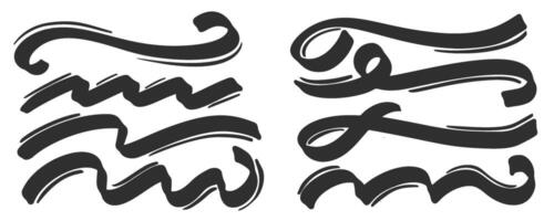 Swoosh lines. Swish and swash underline. Swirl strokes and squiggle curly calligraphy tails. Decorative flourish and divider. Doodle sketch elements. vector