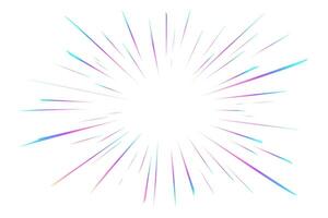 Rainbow light flare. Halo prism effect on white background. Burst with colored sparkles. Starburst explosion radial speed lines. Iridescent gradient beams. Neon sparks vector