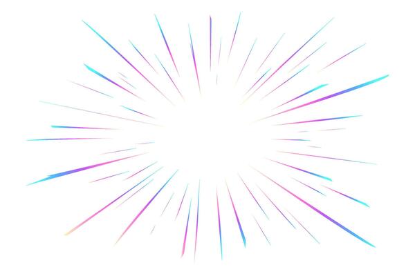 Rainbow light flare. Halo prism effect on white background. Burst with colored sparkles. Starburst explosion radial speed lines. Iridescent gradient beams. Neon sparks