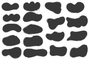 Brush stains, abstract paint shapes with grunge texture. Round black ink splashes. Irregular organic blobs set. Oval liquid rough elements. Doodle blot blocks vector