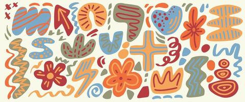 Abstract shapes. Organic doodle hand drawn graphic elements on white background. Cute color minimal blobs scribbles and flowers. Playful contemporary monochrome collage vector