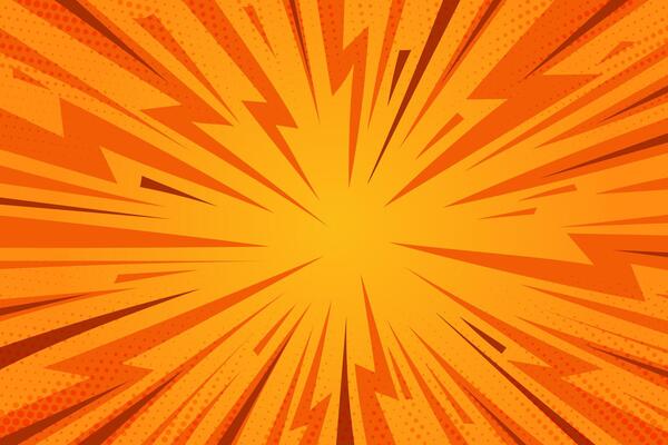 Comic yellow cartoon background. Orange pop art sunburst pattern. Vintage halftone effect wallpaper. Manga book textured explosion on shiny radial gradient with flash and lightnings.