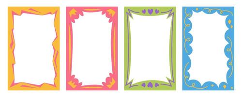 Wavy scallop border shapes. Rectangle fun psychedelic hand drawn frame. Doodle cute design for text photo and picture. Groovy child template. Y2K decorative blank. vector