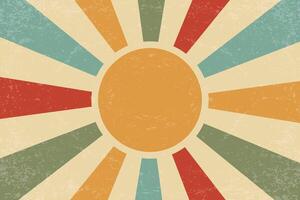 Sunny retro background with radial rays. 70s abstract poster with beams. Groovy vintage design illustration. Color old paper grunge texture banner. vector
