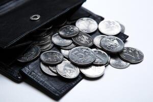 pocket purse with ruble coins on a white surface photo