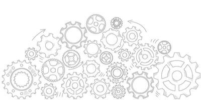 Hand drawn gear cogwheel arch. Doodle sketch style color gear mechanism. Concept of business idea, teamwork, progress background. Doodle cog vector