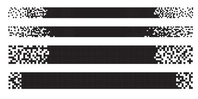 Pixel banner. Header, footer color layout with mosaic edges. Horizontal title tags with pixels. Labels pixelated decoration advertising elements. Rectangular dotted shapes isolated set vector