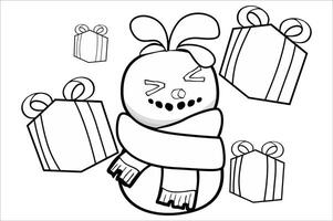 Line Art of a Cheerful Snowman Surrounded by Gift Boxes vector