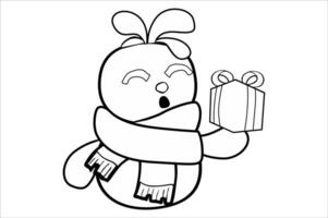 Line Art of a Happy Snowman Holding a Gift Box vector