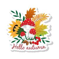 Sticker with fly agarics with spots, autumn maple and acorns,oak leaves, rowan leaves on white background. vector