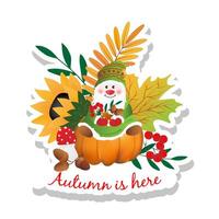 Sticker with cute gnome, sitting on pumpkin and composition of fly agarics with spots, autumn maple and acorns,oak leaves, rowan berries and leaves on white background. vector