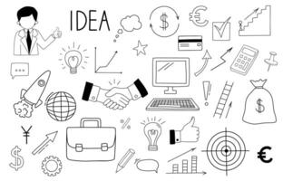 Business doodles set. Businessman shows like. Diagrams, up arrow, computer, target. Outline illustration vector