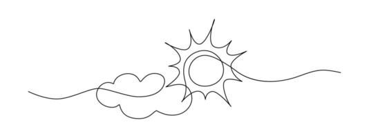 Sun continuous one line drawing and cloud. Sun contour sign. Single line sketch sunny summer travel concept. vector