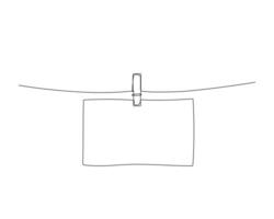 Paper hanging on the rope with clothespin, one continuous line drawing. Empty frame in outline doodle style vector
