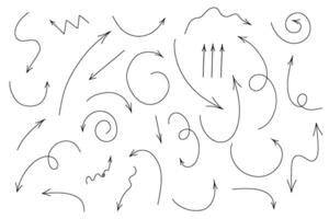 Hand drawn cross line arrows set. doodle curvy and wavy arrows isolated on white background. vector