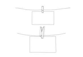 Piece of paper on rope with clothespin, one continuous line drawing. Empty frame in outline style vector