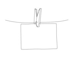 Piece of paper hanging on rope with clothespin, one continuous line drawing. Empty frame in outline doodle style vector