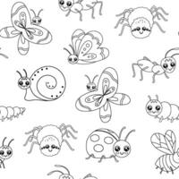 Hand drawn monochrome seamless pattern with cute outline ant and butterfly isolated on white background. Funny insect for kids. Cartoon line backdrop vector
