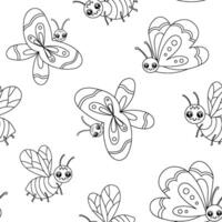 Hand drawn monochrome seamless pattern with cute outline honey bee and butterfly isolated on white background. Funny insect for kids. Cartoon line backdrop vector