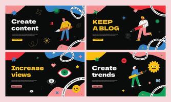 A set of templates for a website with cute scribble characters and bright wavy shapes vector