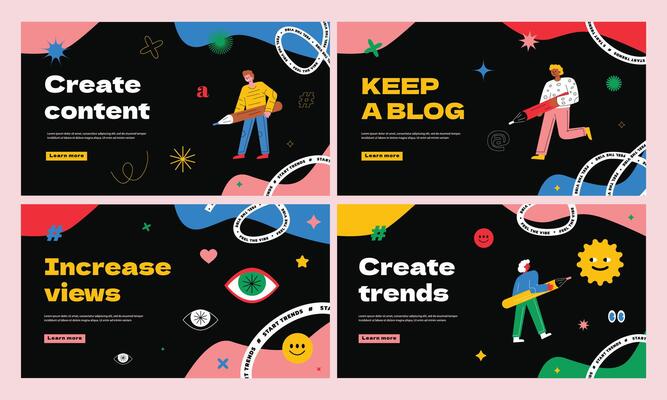 A set of templates for a website with cute scribble characters and bright wavy shapes