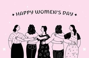 Hand-drawn hugging women. A symbol of unity, support, and trust. Postcard design for March 8th. vector