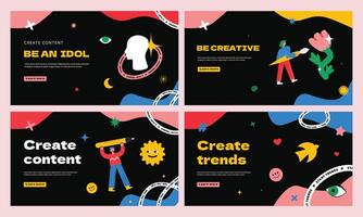 A collection of templates for a website with characters with pencil and brush, different shapes. Symbols of creativity, content creation, and development. vector