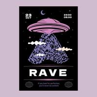 A y2k-style poster with a UFO and the inscription rave. A design template for a techno party. vector