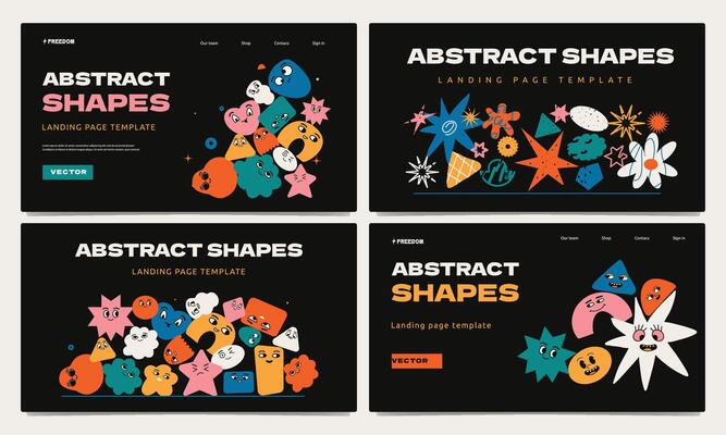 A set of templates for a website with cute scribble characters and uneven geometric shapes.