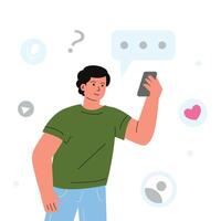 A man holds a smartphone in his hand and looks into it, there are different symbols around it. Blogger, influencer, content creator. vector