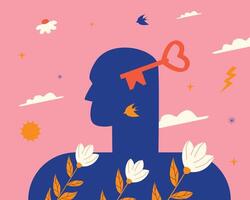 The human profile, the key and the flowers. A metaphor for the process of self-knowledge through psychotherapy, the development of peace of mind, spiritual growth. vector
