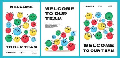 A set of poster templates with doodle faces with different emotions. Vivid crayon style illustrations. The inscription on the postcard Welcome to our team. vector