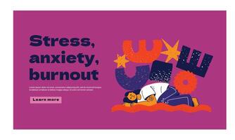 A female figure who is pressed by abstract noisy figures, a metaphor for burnout, stress, anxiety, depression. The template of the site page. vector