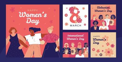 Collection of templates of posts for celebrating women's day for social networks with an image of a crowd of women, flowers, the number 8. vector
