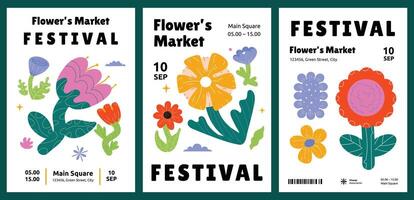 A set of posters with simple huge flowers and leaves. Modern design of flyers on spring and festival themes. vector