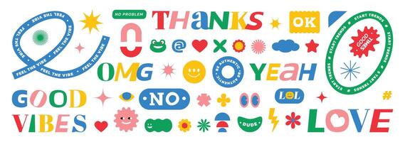 Pack of naive playful abstract shape and words. Positive and festive phrases. Elements in trendy style. vector