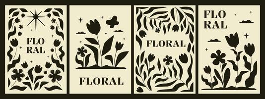 A collection of posters with flowers and waving foliage. Monochrome minimalistic hand-drawn artworks. vector