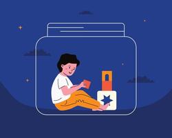 A child enthusiastically playing with cubes, enclosed in a glass jar. A metaphor for autism, Asperger's syndrome. vector