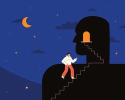 The person climbs the stairs to the door inside the human figure. A symbolic representation of psychological defenses intellectualization, rationalization, escape from an anxious world. vector