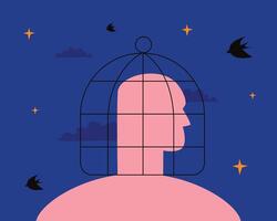 Silhouette of the profile of a man in a cage, against the background of the sky, clouds, stars and birds. Metaphor of cognitive distortions, mental disorder, depression. vector