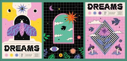 A set of vibrant surreal posters with grid, arch, textural elements and abstract shapes. A design inspired by the aesthetics of the 70s vector