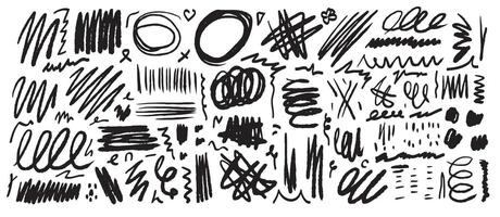 A set of black doodle lines, strokes, sketches, stripes, scrath drawn by hand on a white background. Scribble, textured design elements. vector