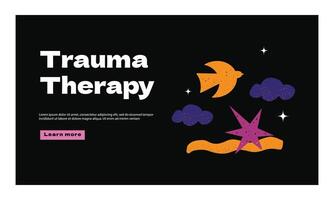 A landing page design template dedicated to the topic of trauma therapy. Abstract rough elements bird, stars, explosion, clouds, earth. vector