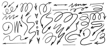 A set of doodle black arrows hand-drawn on a white background. Scribble, textured design elements. vector