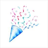 Hand drawn firecracker with confetti, ribbons. Watercolor illustration vector