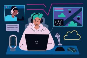 Gamer streaming online, playing games with laptop, headset, microphone. Flat illustration. Player communicating and discussing strategy with friend in chat. Gaming setup for esports vector